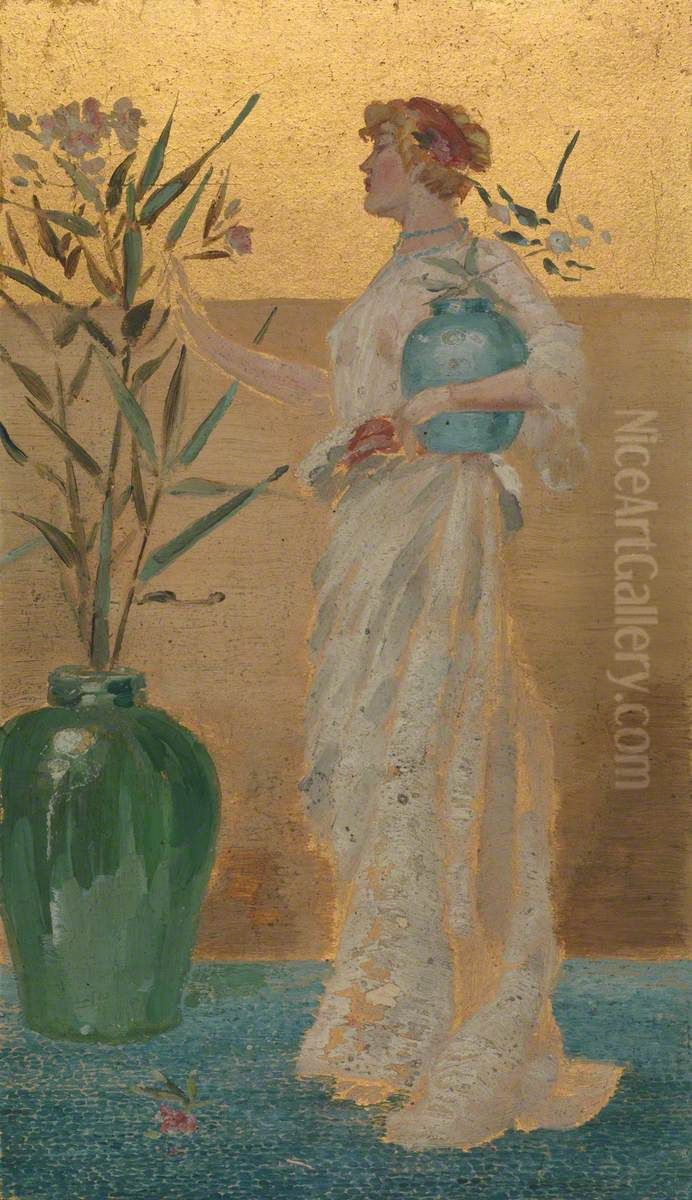 Draped figure with a vase of flowers Oil Painting by Beatrice Whistler