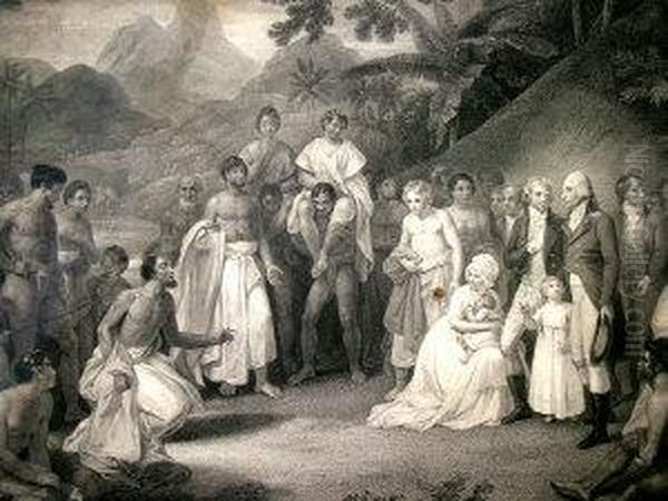 South Sea Island Peoples Receiving Foreigners;Stipple-engraving, Oil Painting by William Byrne