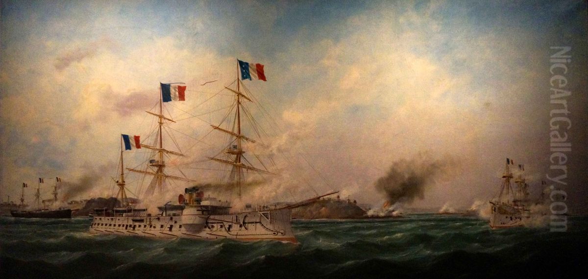 Prise de Makung par l'escadre de Courbet, 1885 Oil Painting by Edouard Adam