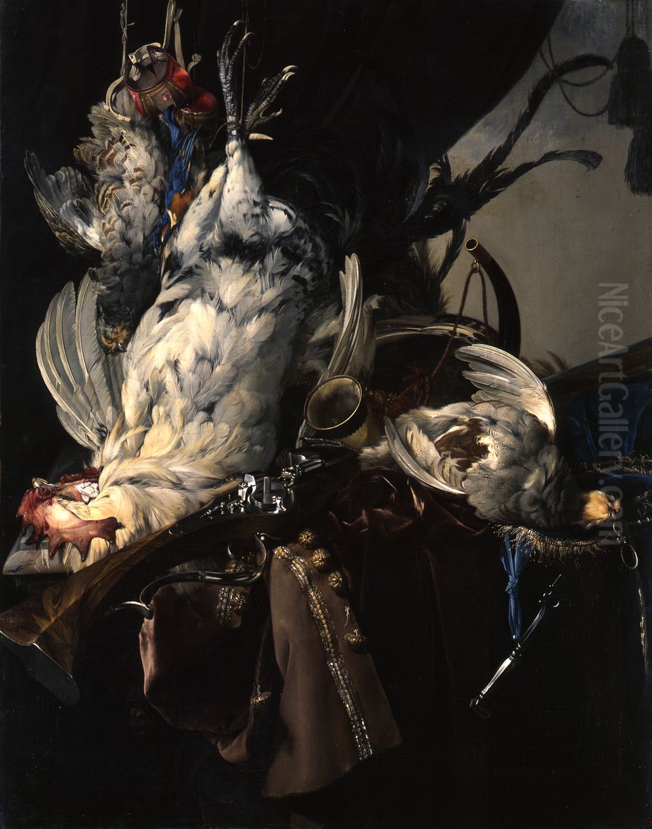 Still life with game and hunting gear Oil Painting by Willem Van Aelst