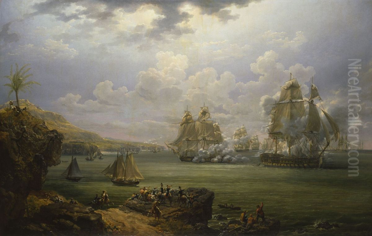 Combat de la Poursuivante contre l'Hercule, 1803 Oil Painting by Louis-Philippe Crepin