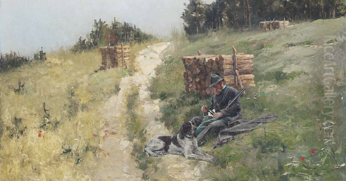 A hunter taking refreshment Oil Painting by Jaroslav Vesin