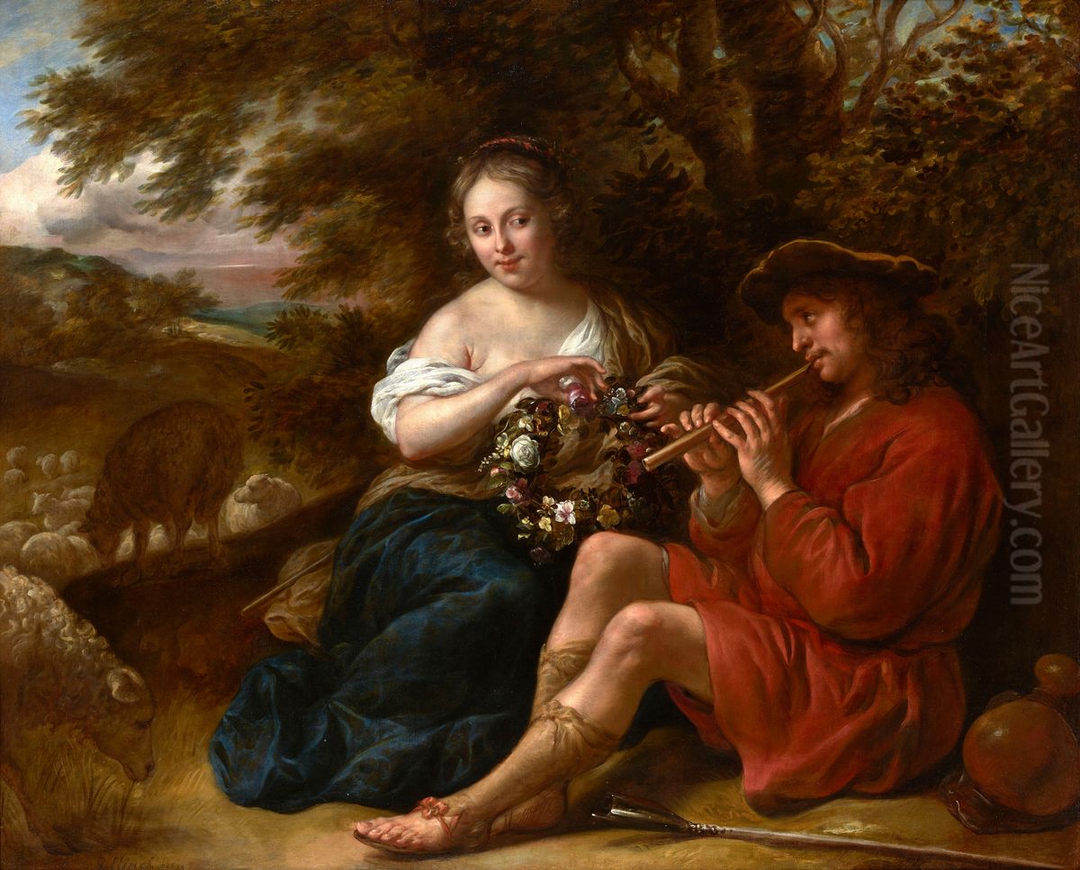 Elegant Shepherdess Listening to a Shepherd Playing the Recorder in an Arcadian Landscape Oil Painting by Govert Flinck