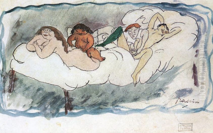 Quatre personnes sur un lit Oil Painting by Jules Pascin