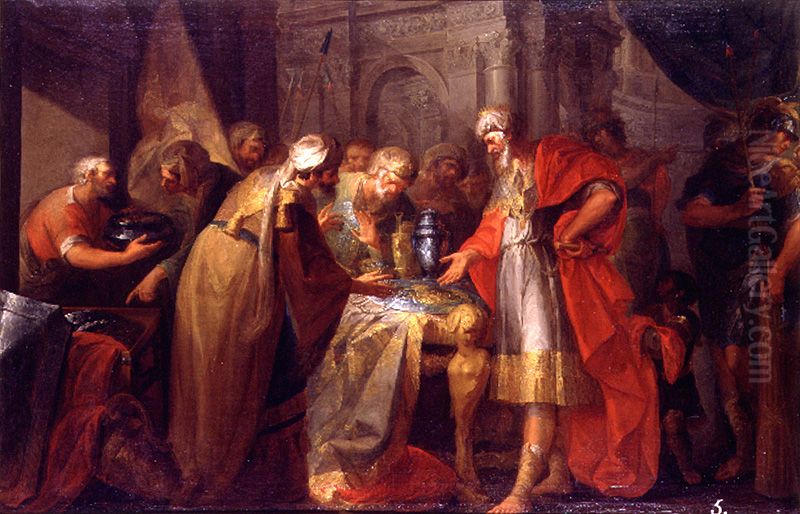 El rey Ezequias haciendo ostentacion de sus riquezas ante los legados del rey de Babilonia Oil Painting by Vicente Lopez Portana