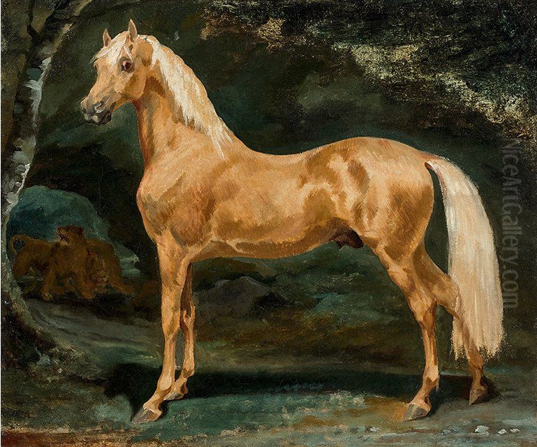 Arabian Stallion Frightened by Two Big Cats Oil Painting by Theodore Gericault