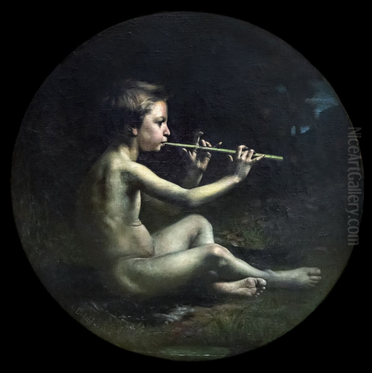 Country flute playerFrancais:Joueur de flute champetreItaliano:Suonatore di flauto in un campo Oil Painting by Francois-Alfred Delobbe