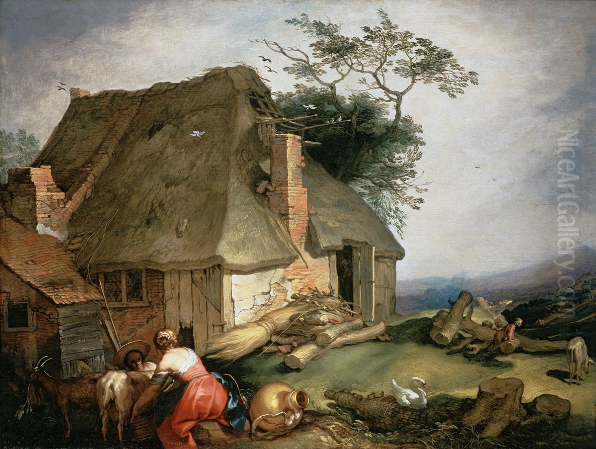 A cottage with peasants milking goats Oil Painting by Abraham Bloemaert