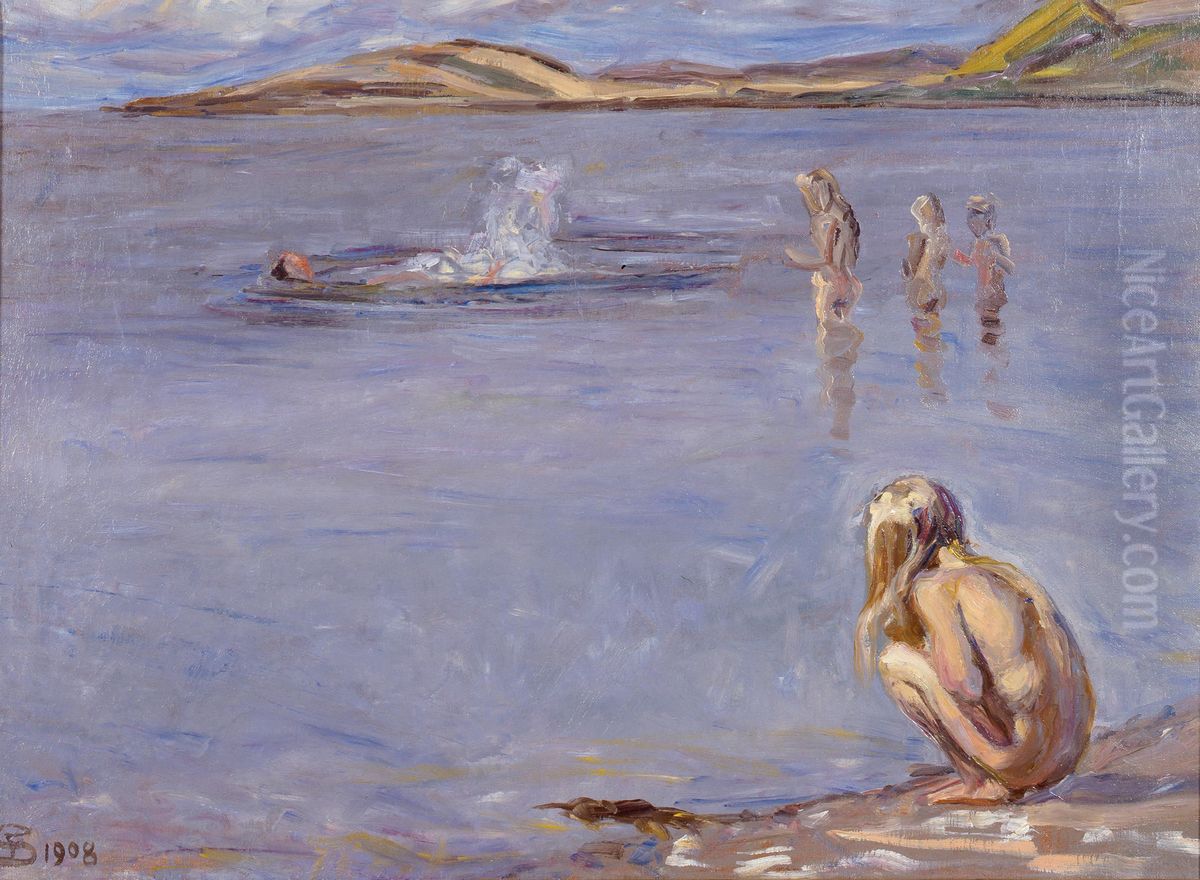 Bornene bader Oil Painting by Fritz Syberg