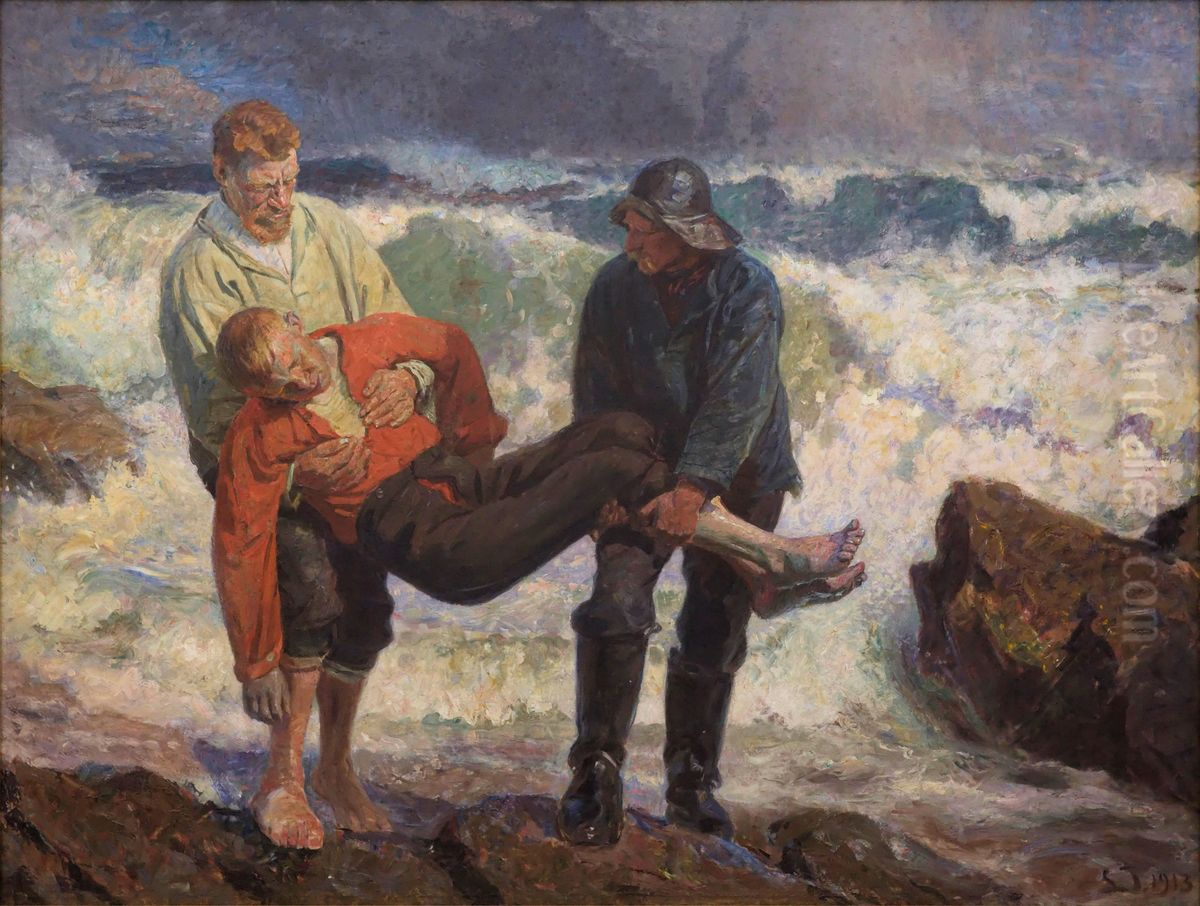 The Drowned is braught on shore Oil Painting by Laurits Tuxen