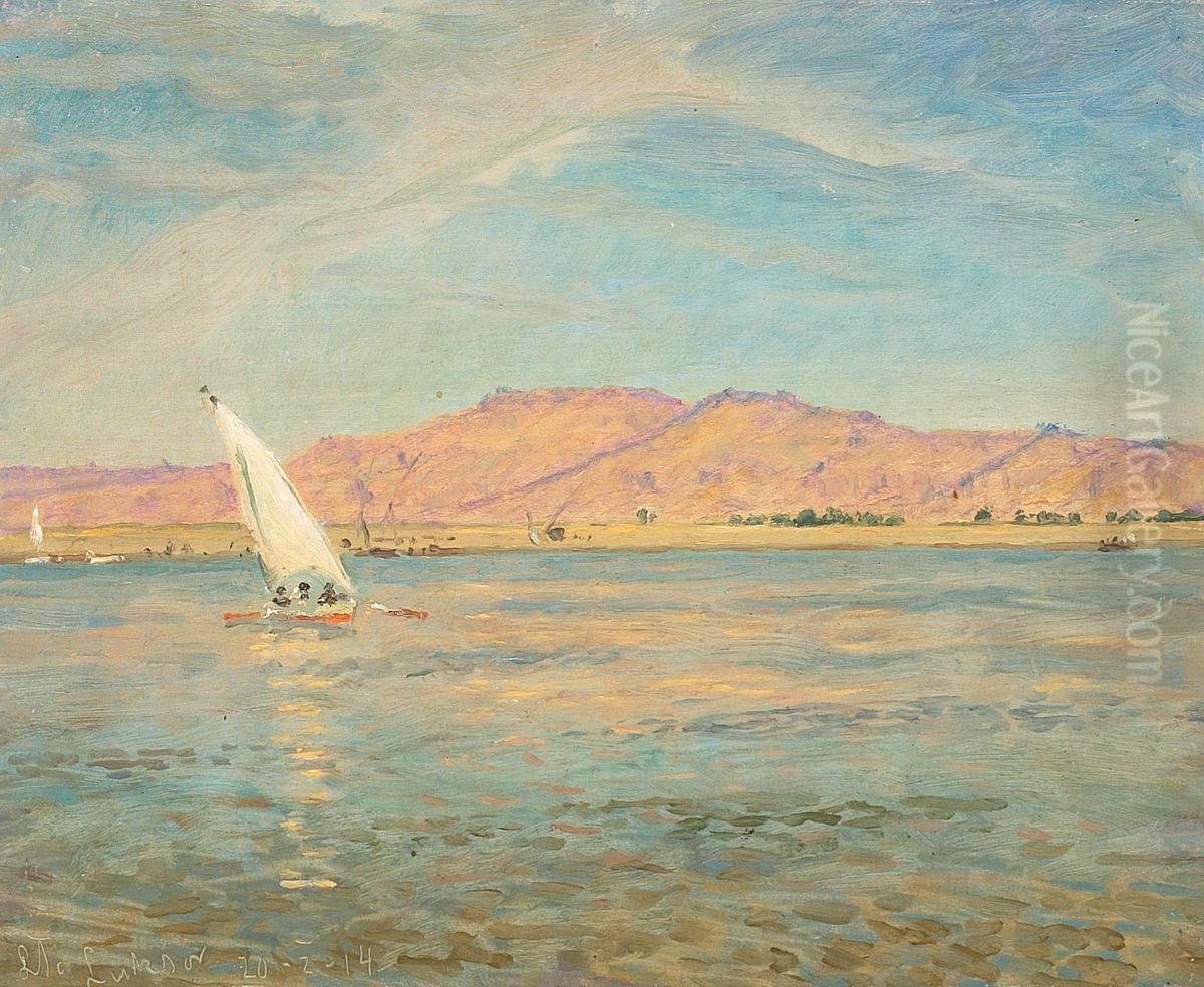 Coastal view at Luxor, Egypt. Oil Painting by Laurits Tuxen