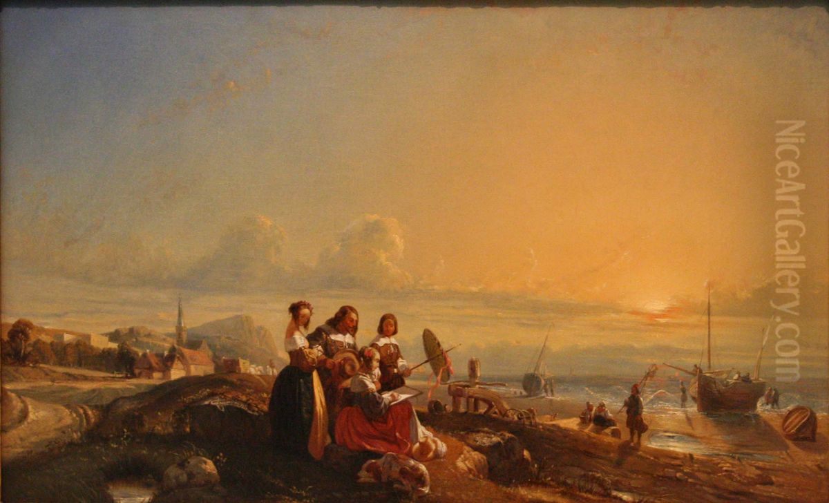 Marine, Beach with Figures Oil Painting by Camille Roqueplan