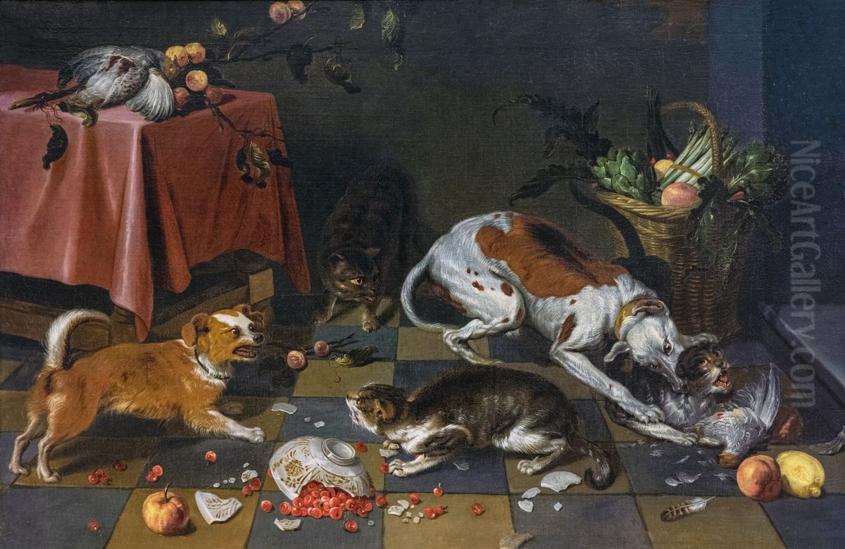 Battle of dogs and cats Oil Painting by Nicasius Bernaerts