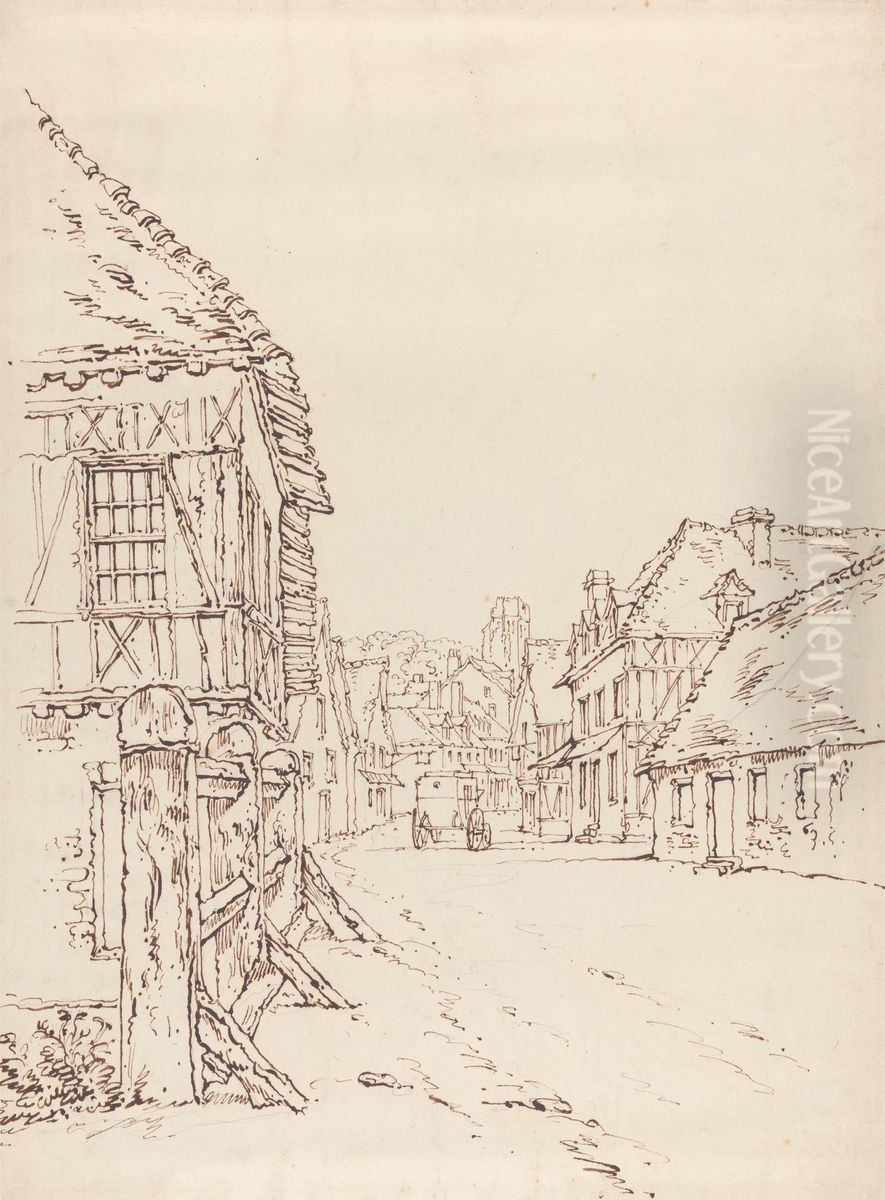 View of a Street in a French Town Oil Painting by William Henry Hunt