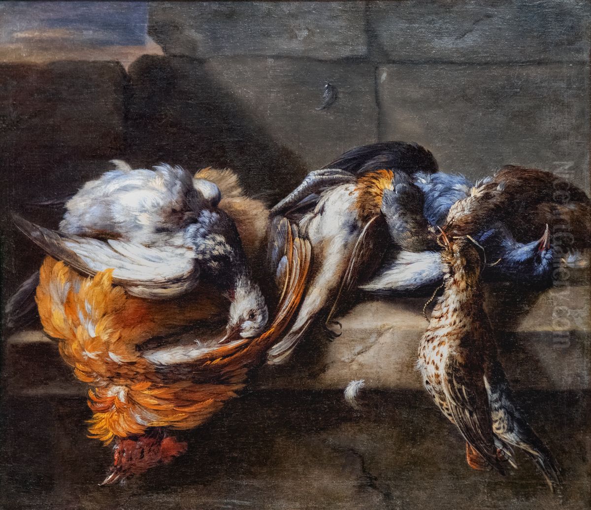 Feathered game on a stone ledge.Francais:Gibier de plumes sur un rebord de pierreItaliano:Selvaggina su una flangia pietra. Oil Painting by Nicasius Bernaerts