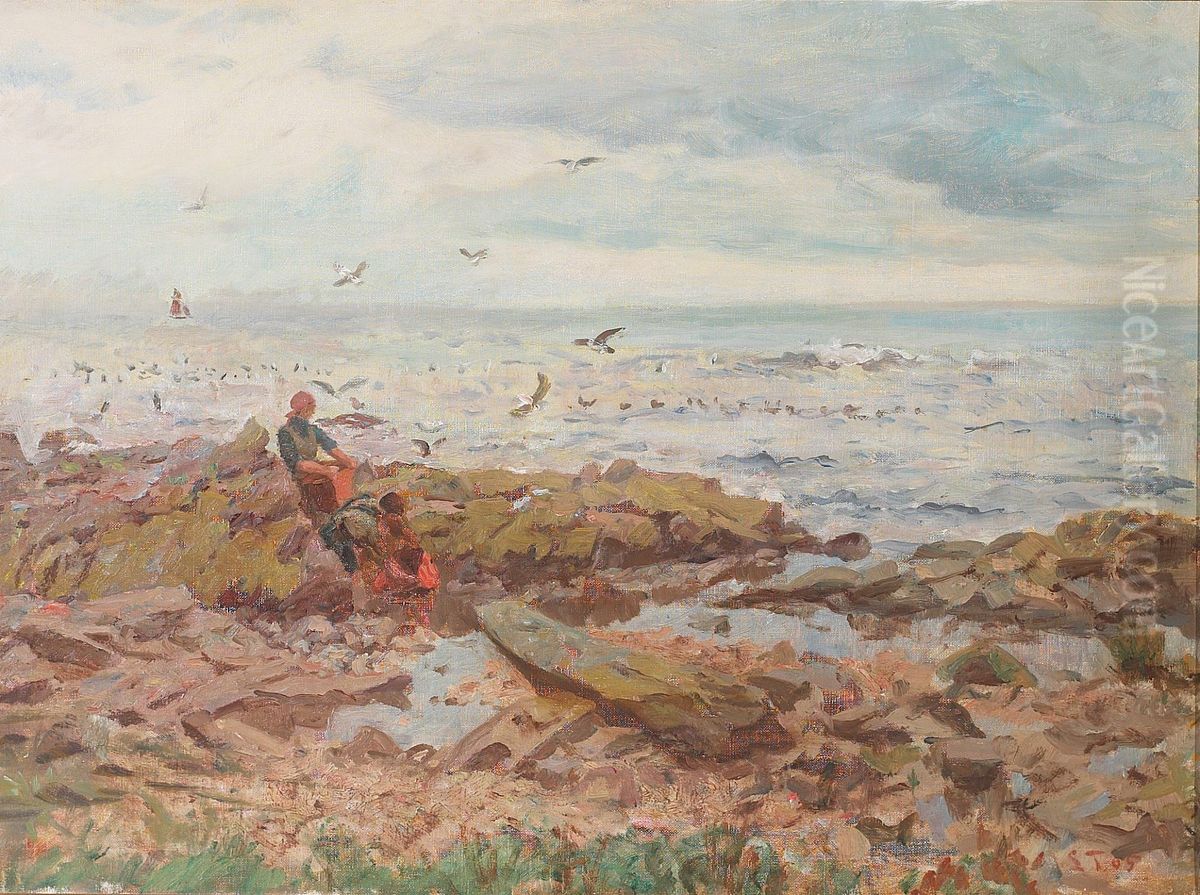 People on a beach. Bretagne. Oil Painting by Laurits Tuxen