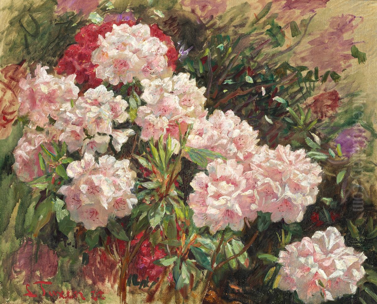 Flowering rhododendrons in Tuxen's garden in Skagen Oil Painting by Laurits Tuxen