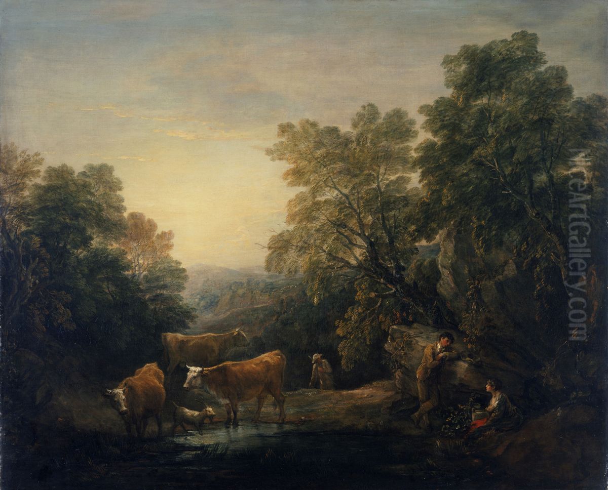 Rocky Wooded Landscape with Rustic Lovers, Herdsman, and Cows Oil Painting by Thomas Gainsborough