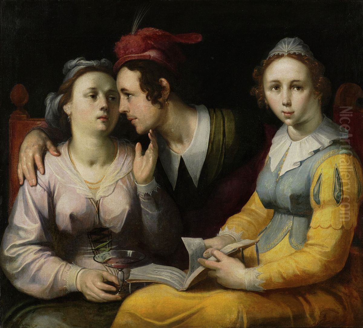 A Courting Couple and Woman with a Songbook Oil Painting by Cornelis van Haarlem