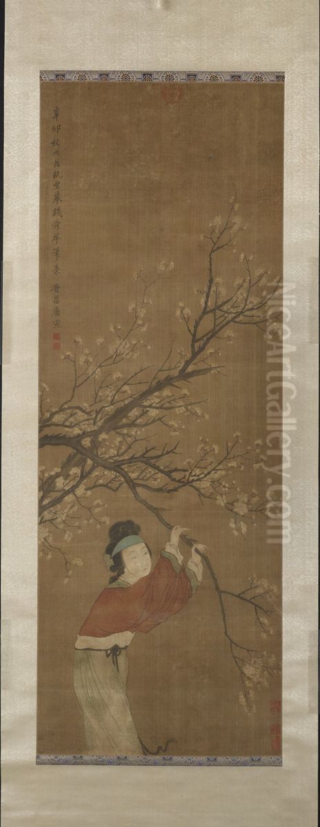Girl and Plum, Ming style Oil Painting by Tang Yin