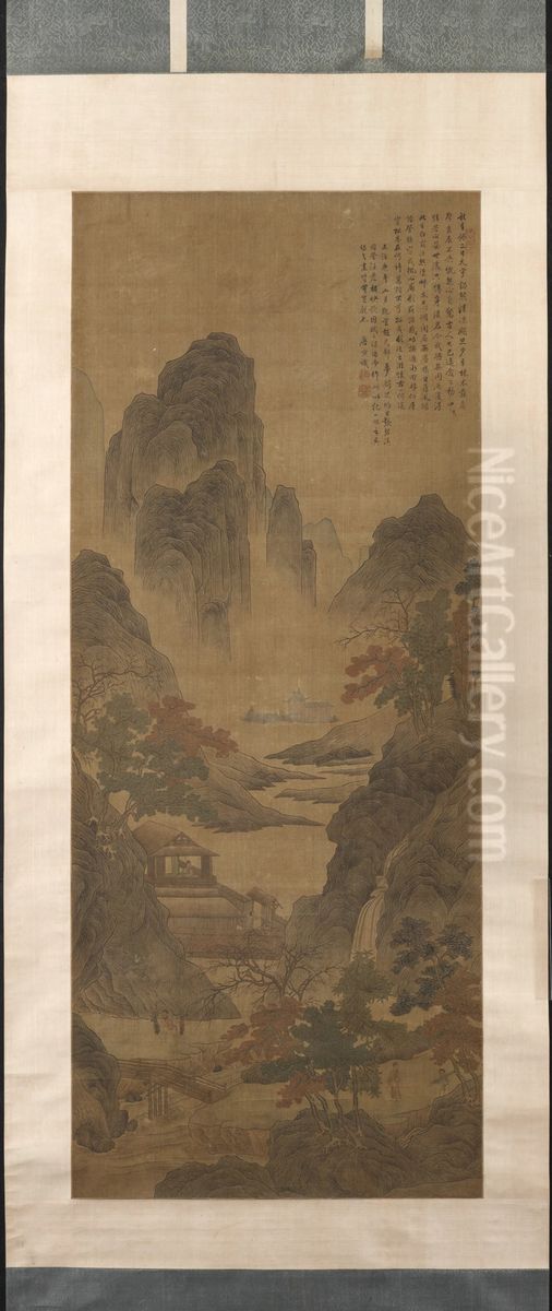 Temple Lost in Mist, Ming style Oil Painting by Tang Yin