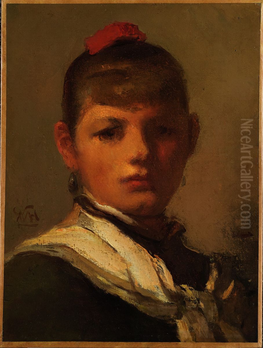 Girl with Red Hair Ribbon Oil Painting by William Morris Hunt