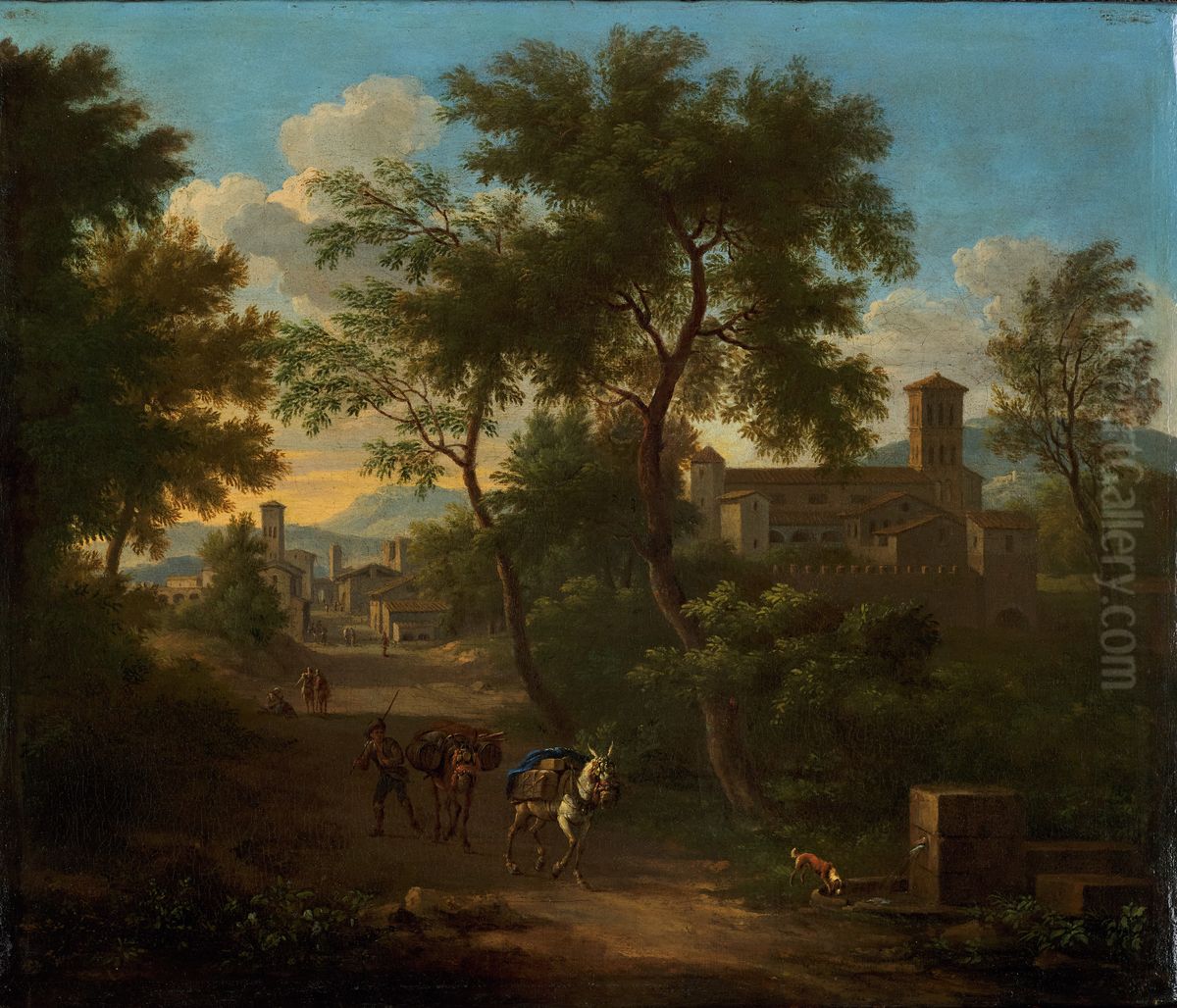 Landscape with a Church and Mules on a Path Oil Painting by Jacob De Heusch