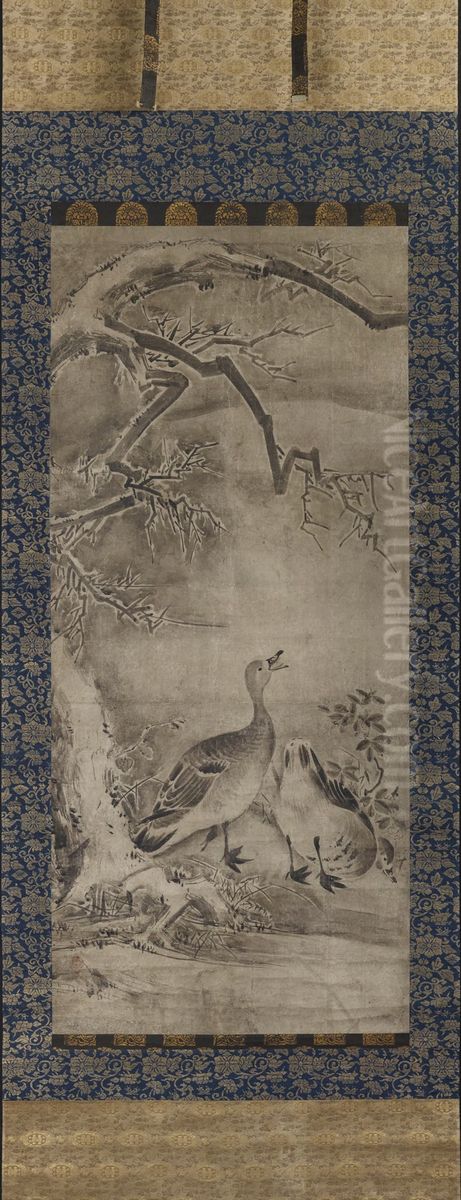 Geese in Winter Landscape Oil Painting by Kano Motonobu