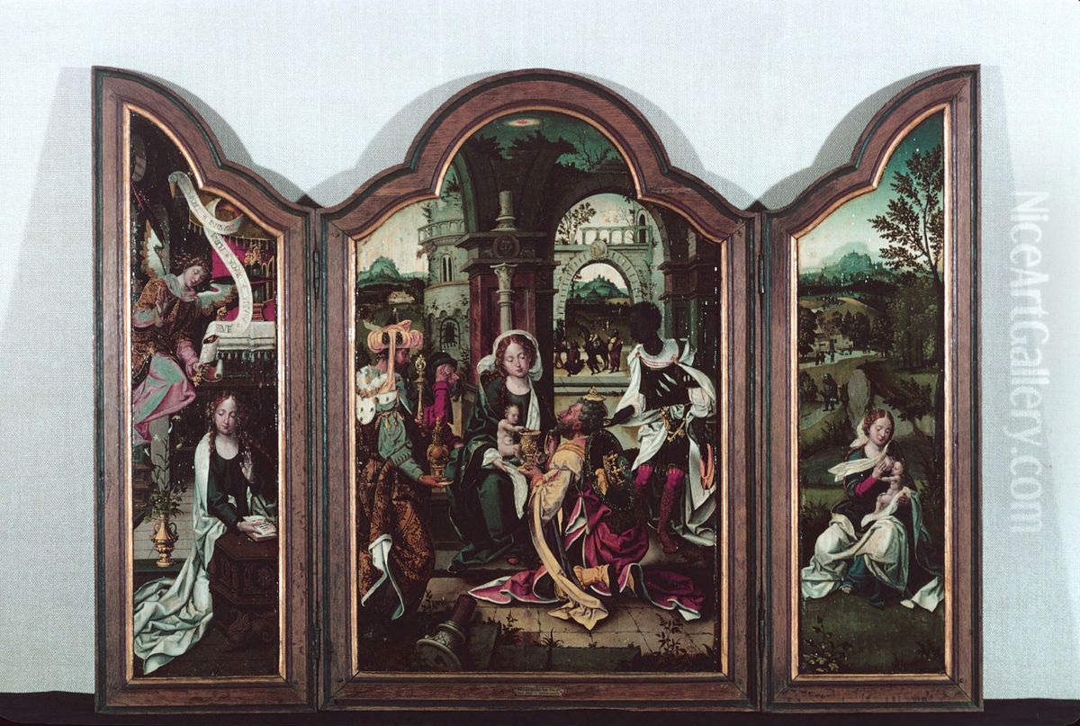 Annunciation, Adoration of the Magi, Rest on the Flight into Egypt Oil Painting by Pieter Coecke Van Aelst