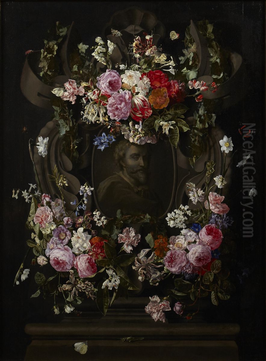 Cartouche with Flowers Oil Painting by Carstian Luyckx