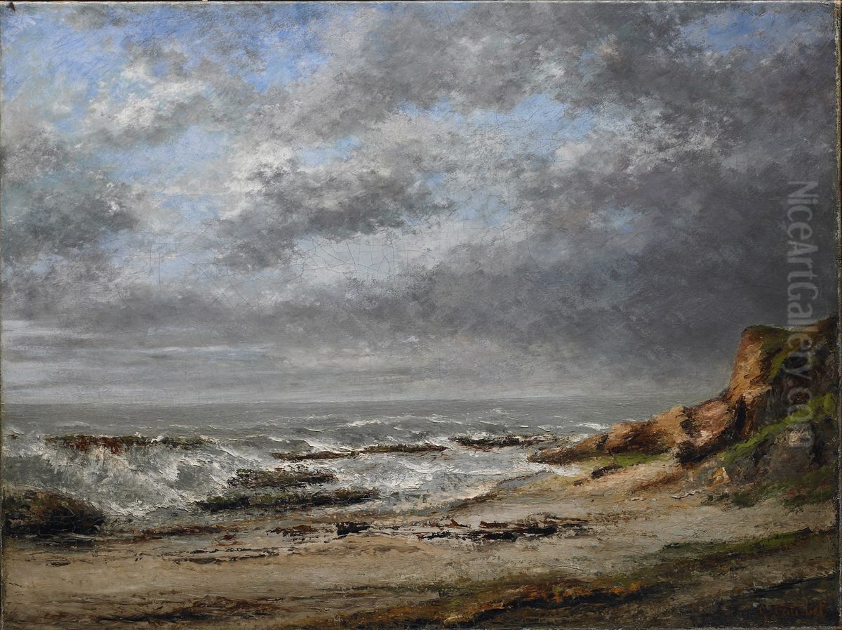 View of a rough sea near a cliff Oil Painting by Gustave Courbet