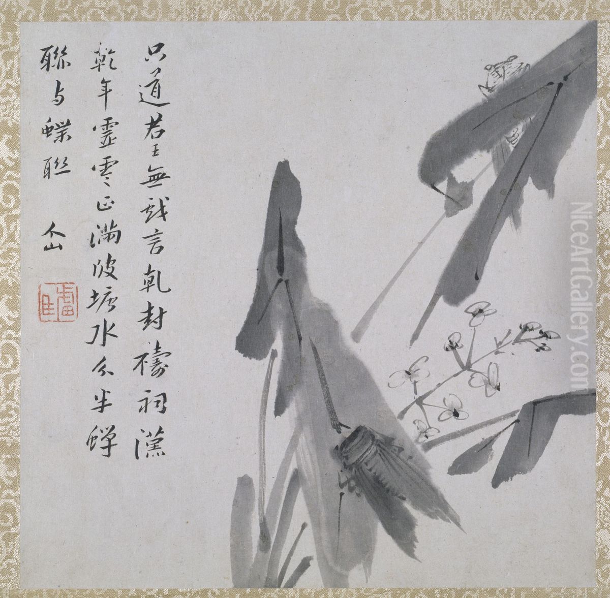 Spray of Water Weed and Two Insects Oil Painting by Bada Shanren