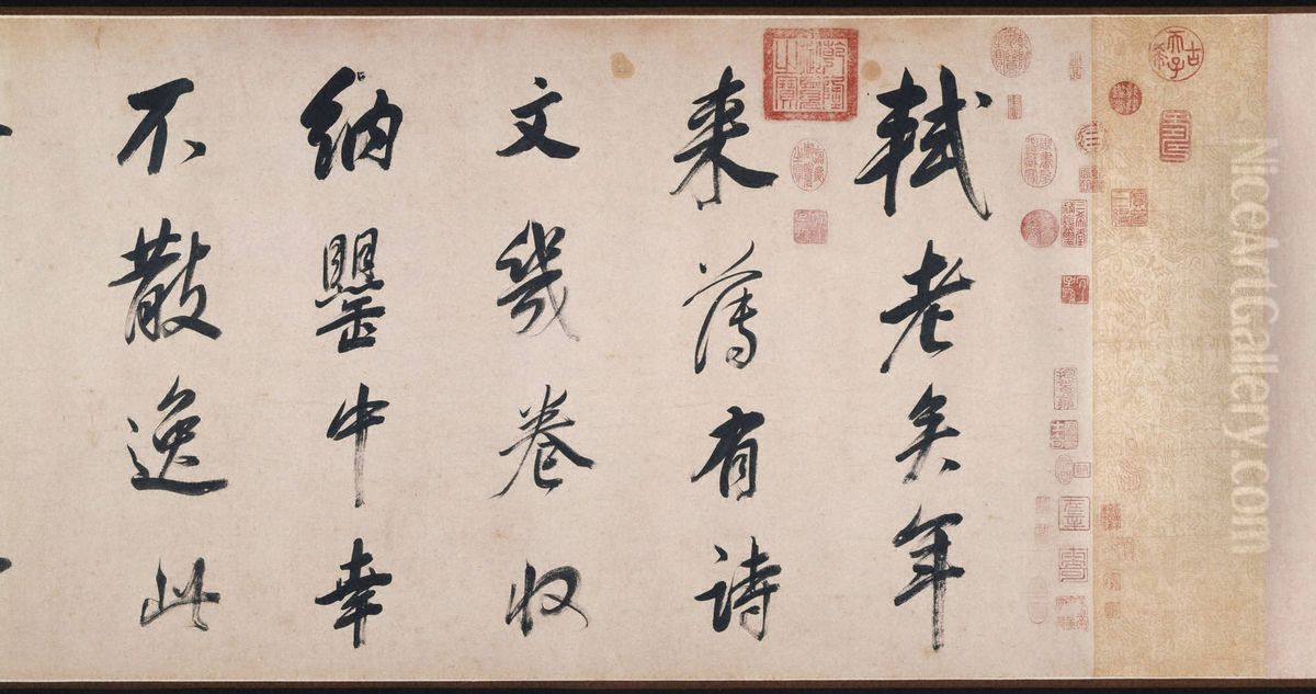 Calligraphy in the Styles of the Four Song Masters (Fang Su Huang Mi Cai xingshu fang su huang mi cai xing shu) Oil Painting by Dong Qichang