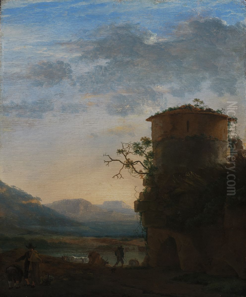 Peasants and Cattle beside a Tower Oil Painting by Jan Asselijn