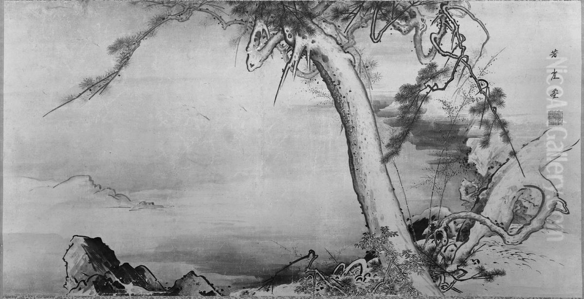 Cranes and Pine Trees in a Landscape Oil Painting by Kano Hogai