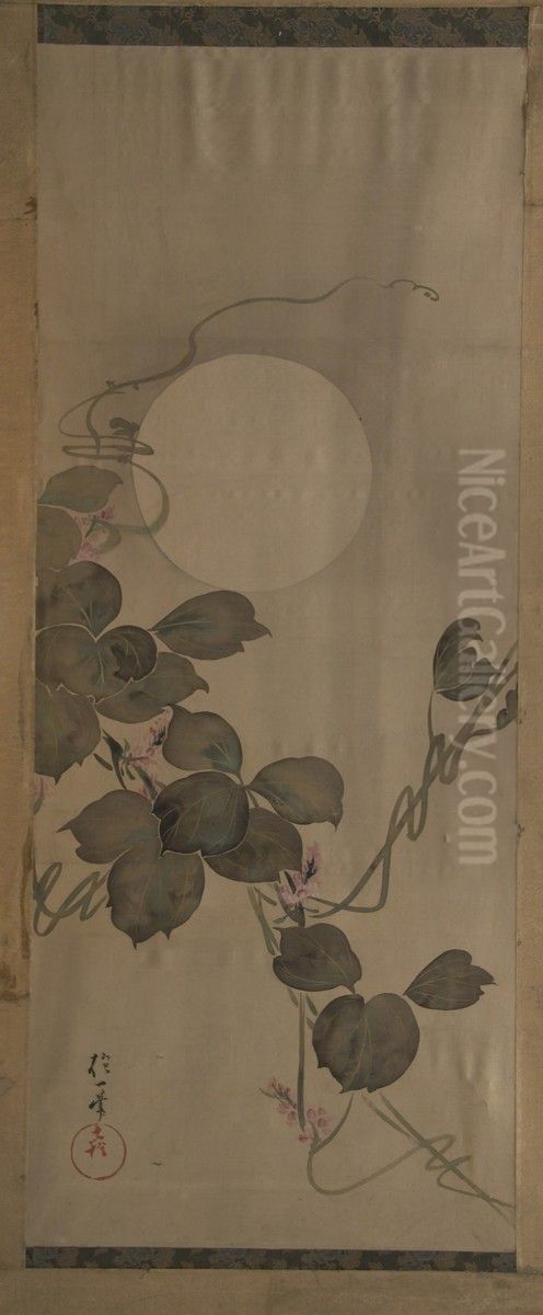 Moon and Flowering Arrowroot Oil Painting by Sakai Hoitsu