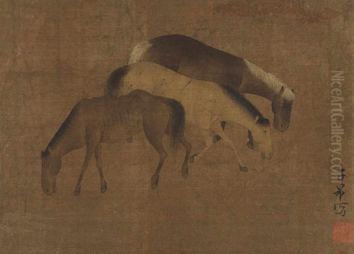 Horses, in Yuan style Oil Painting by Zhao Mengfu