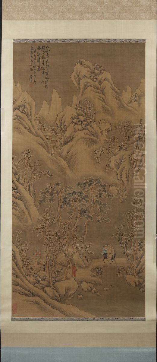Two Figures under Pine, Ming style Oil Painting by Tang Yin