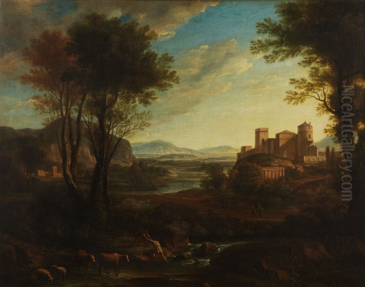A Classical Landscape with Figures Crossing a Stream Oil Painting by Claude Lorrain (Claude Gellee)