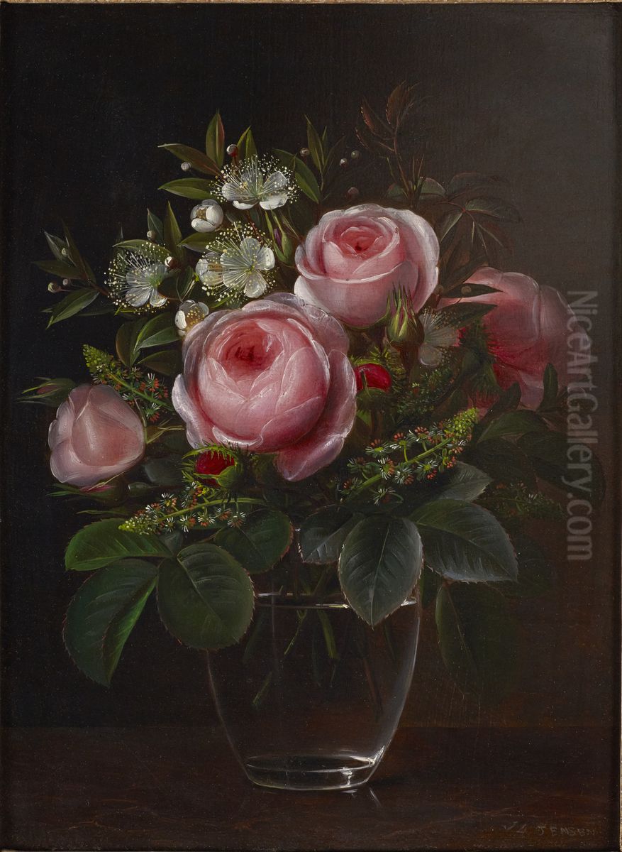 Roses and Tree Anemones in a Glass Vase Oil Painting by Johan Laurentz Jensen
