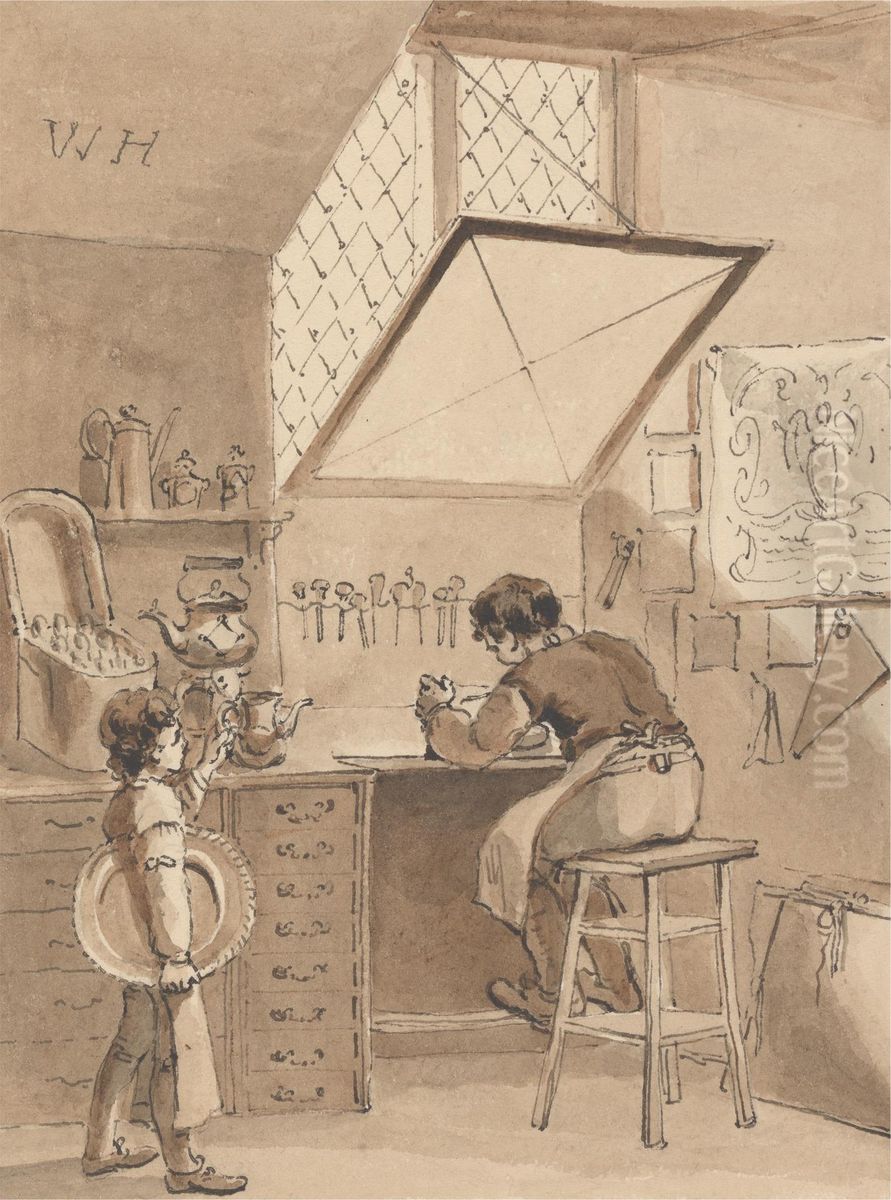 Hogarth Engraving His Master's Shop-bill the Sign of the Angel Oil Painting by John Thomas Smith