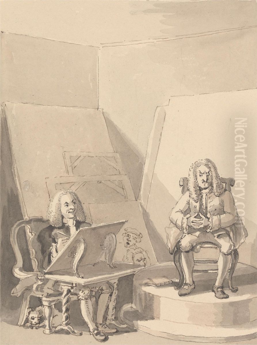 Hogarth Making up a Portrait of H. Fielding, for a Bookseller, from the Features of Garrick Who Borrowed One of the Author's Wigs for the Particular Purpose There Being No Genuine Portrait of Him Oil Painting by John Thomas Smith