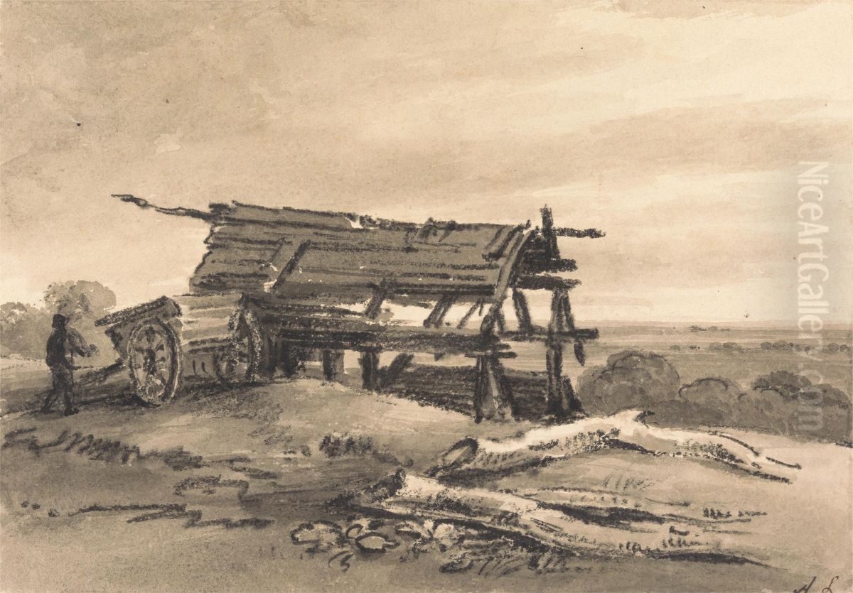 with farm-worker, cart and ruined barn Oil Painting by Amelia Long