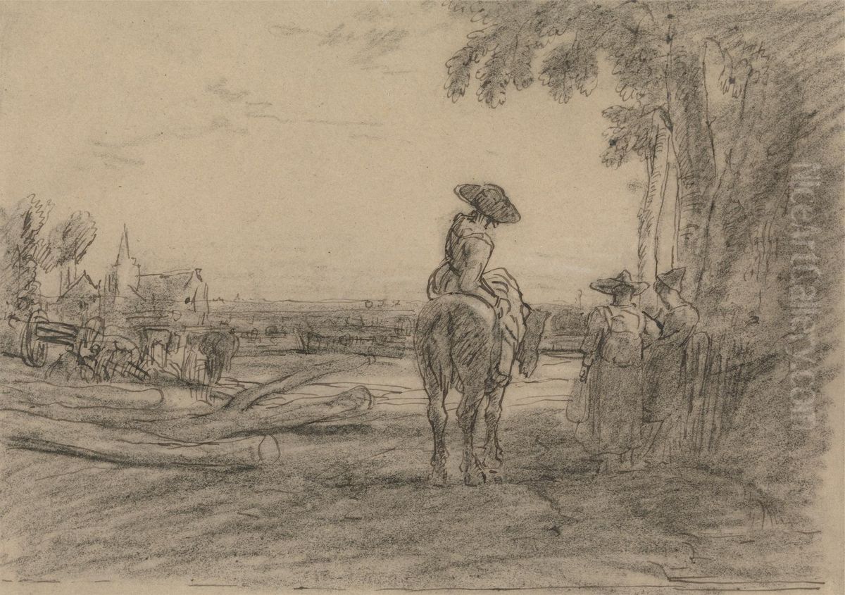 Woman on a Horse with Two Standing Women Overlooking a Landscape Oil Painting by Augustus Wall Callcott
