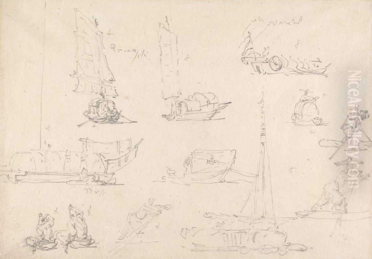 Studies of Chinese Junks and Boatmen Oil Painting by George Chinnery