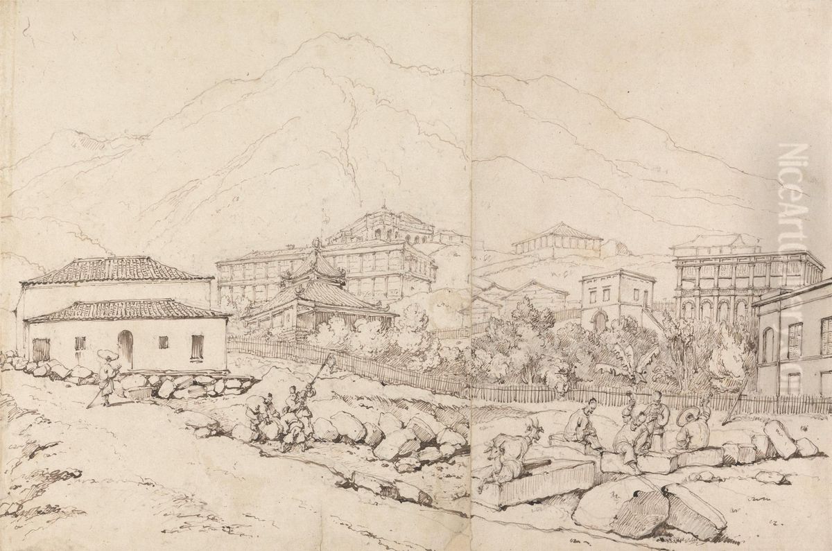 Building on a Hillside in a Mountainous Village (China?) Oil Painting by George Chinnery