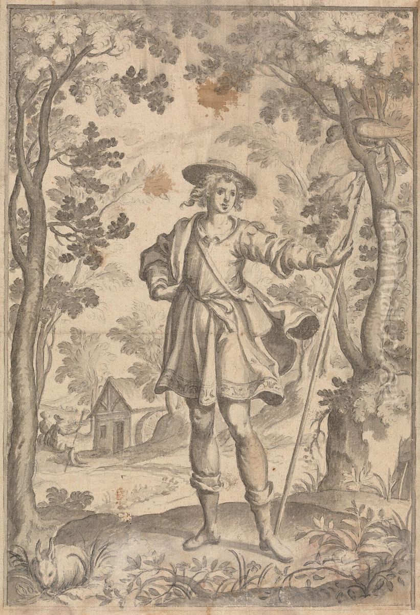 A Hunter Holding a Spear in a Woodland Setting Oil Painting by Francis Cleyn
