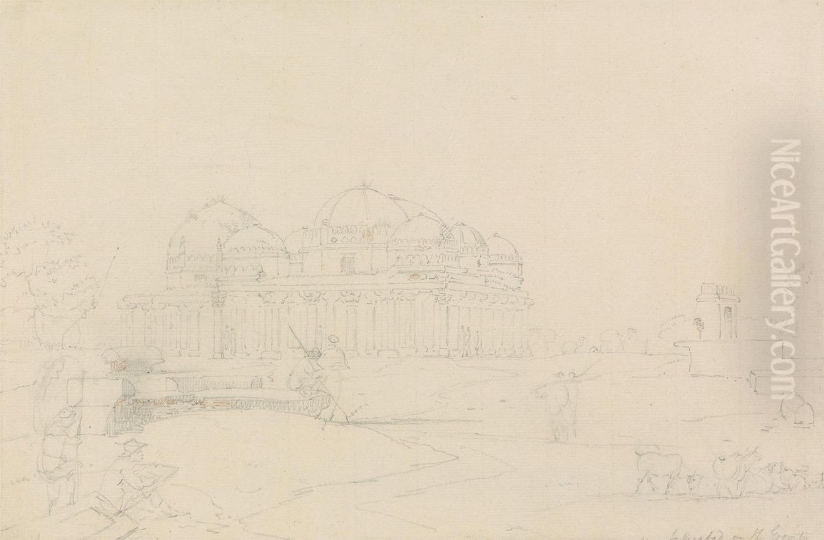 William Daniell, the Artist's Nephew, Sketching a Ruined Temple at Zafarabad on the Gumti River Oil Painting by Thomas Daniell