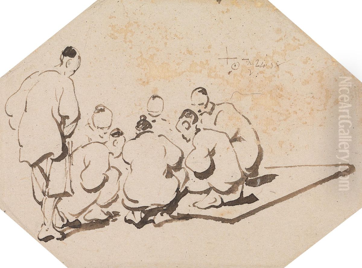 Group of Seven Coolies Gambling Oil Painting by George Chinnery