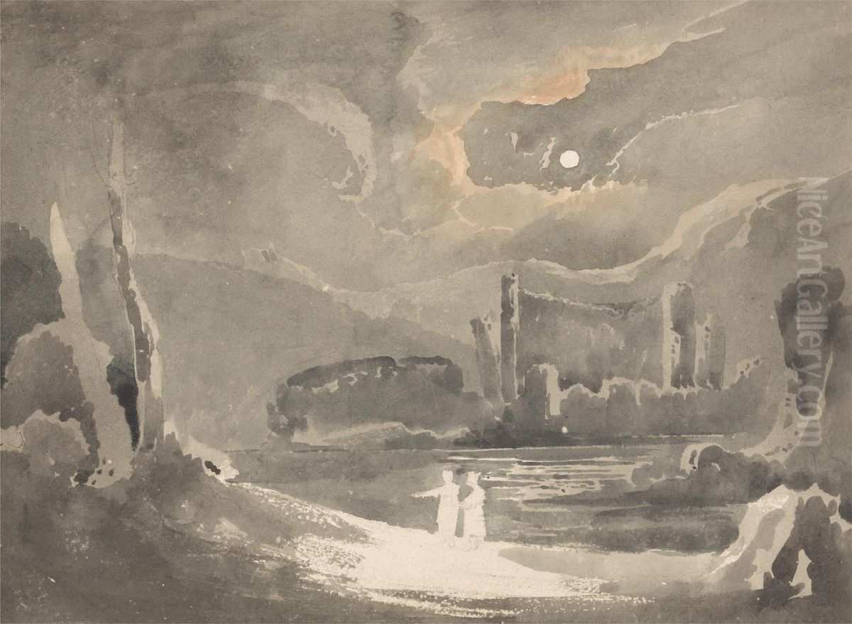 Moonlit Landscape with a Ruined Castle Oil Painting by John Martin